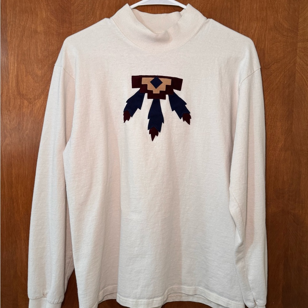 Vtg 90s Cotton Deluxe Mock Neck Shirt Medium Cream Southwest Tribal USA Made